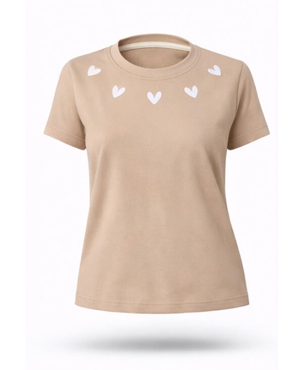 Camiseta Bordada Corazones Camel