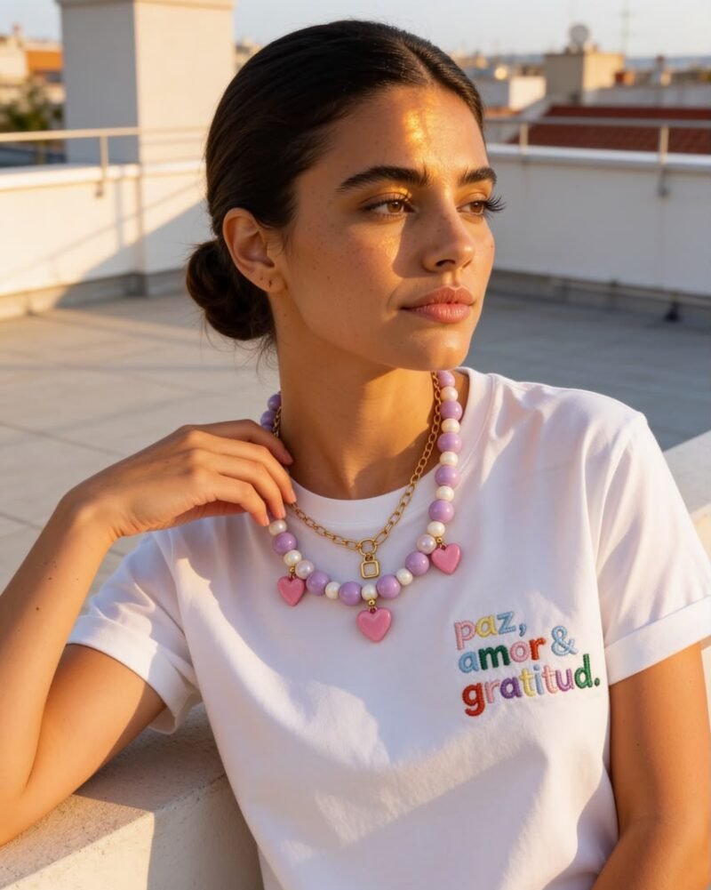 CAMISETA LARGA BORDADA PAZ, AMOR Y GRATITUD