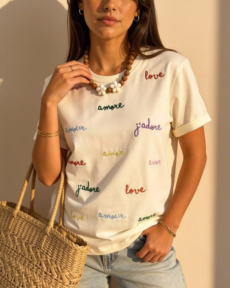 CAMISETA LARGA BORDADA AMOR