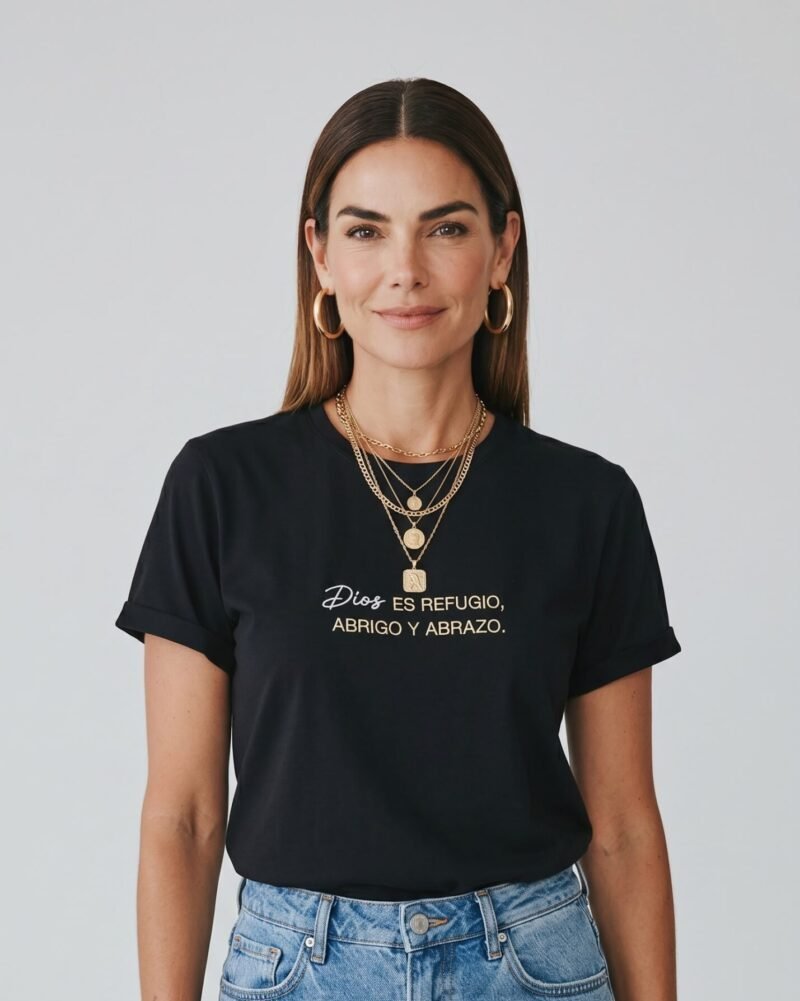 CAMISETA LARGA BORDADA DIOS ES REFUGIO ABRIGO Y ABRAZO